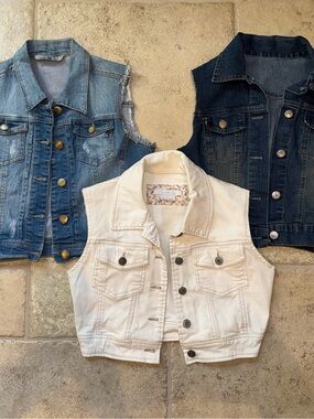 Set of 3 Denim Cropped Sleeveless Jean Jacket Vests